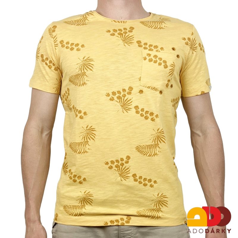 Pánské triko žluté s listy a kapsičkou