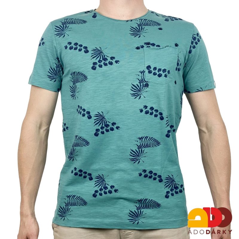 Pánské triko zelené s listy a kapsičkou