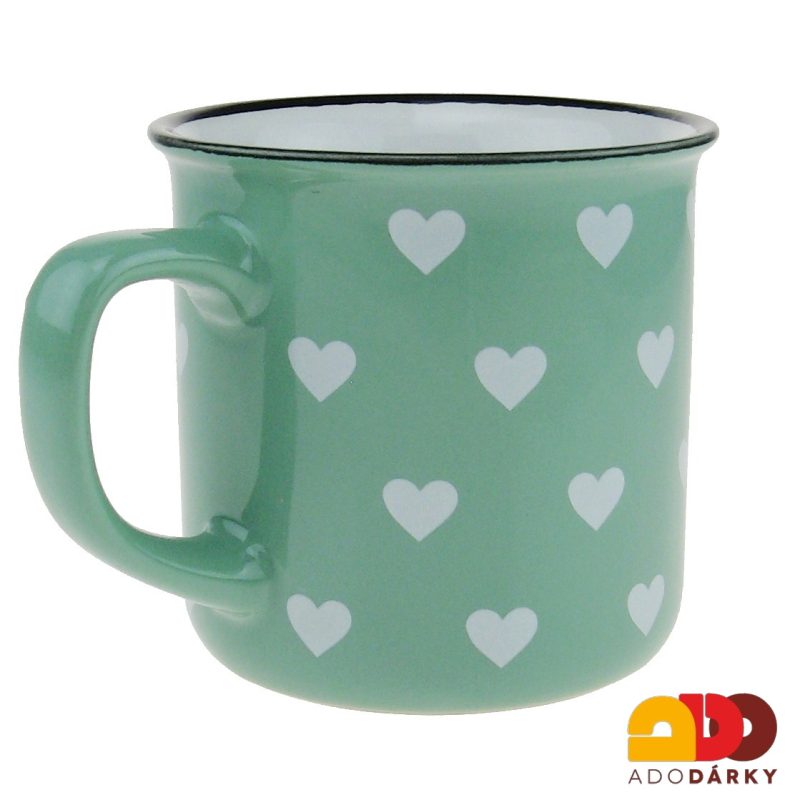 Hrnek "plecháček" světle zelený s bílými srdíčky 400 ml