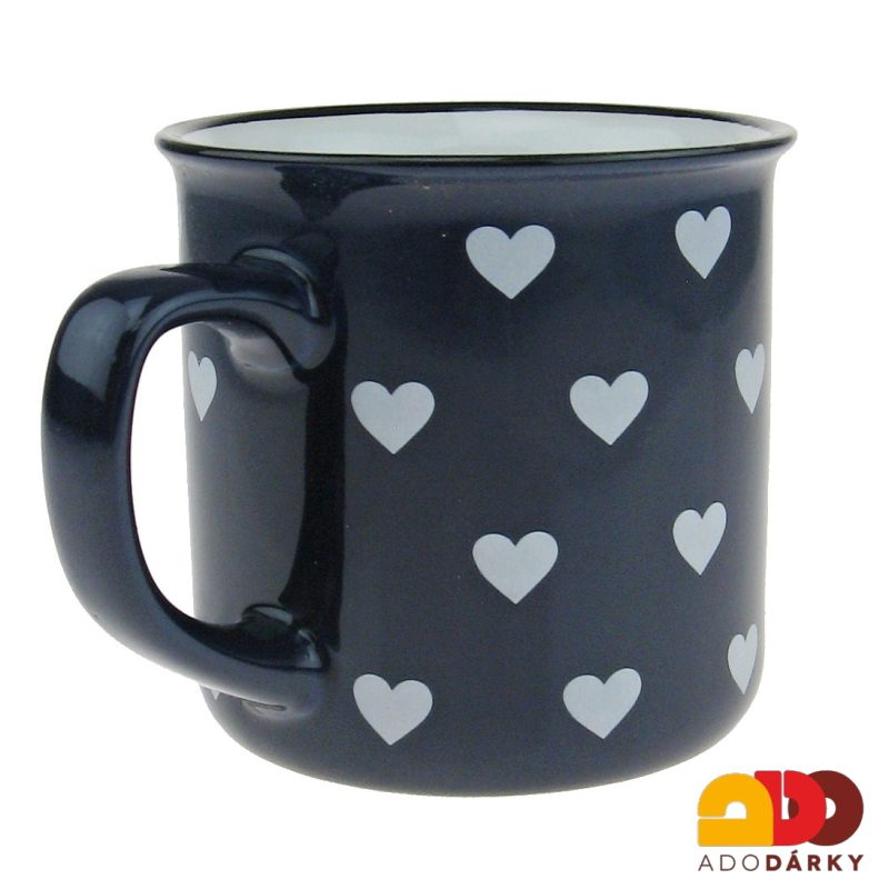Hrnek "plecháček" tmavě modrý s bílými srdíčky 400 ml
