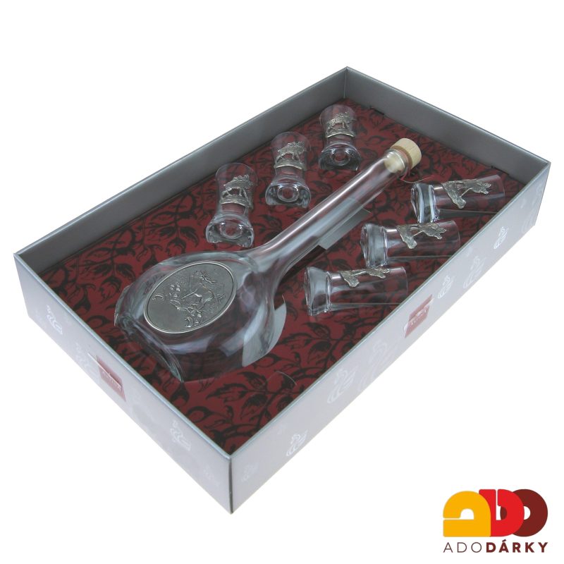 Sada lahve a šesti odlivek s cínovými dekoracemi jelena
