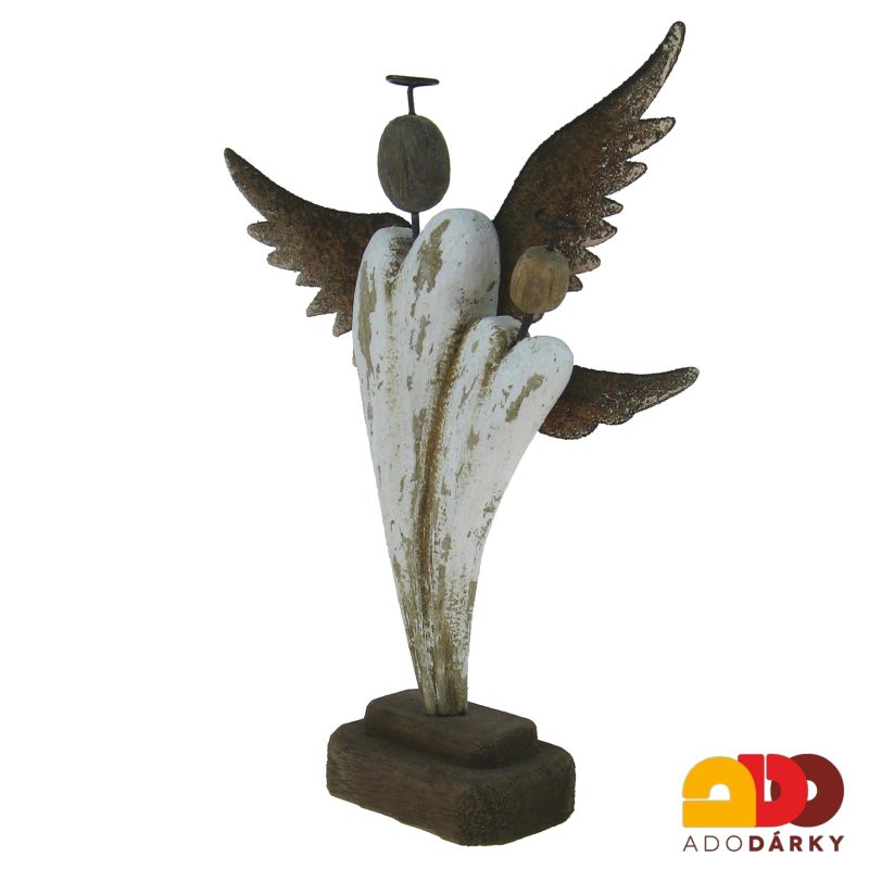 Dva dřevění andělé s kovovými křídly a svatozáří 21,5 cm