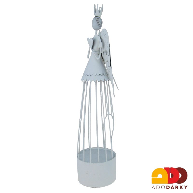 Bílý plechový anděl se srdcem a korunou 40,5 cm