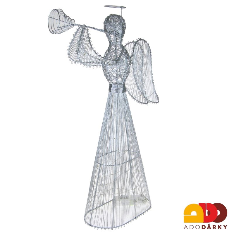 Stříbrný drátěný anděl s LED osvětlením 53 cm