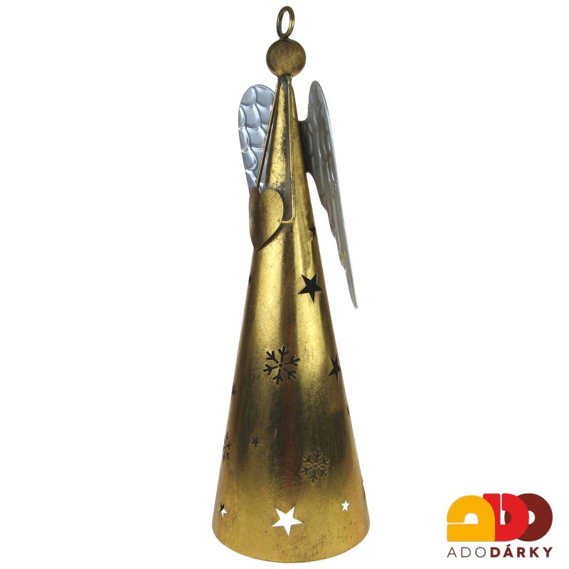 Plechový svícen anděl zlatý se stříbrnými křídly 56 cm