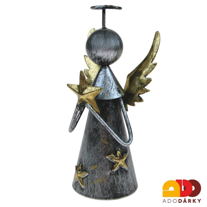 Kovový anděl stříbrný se zlatou hvězdou 13 cm