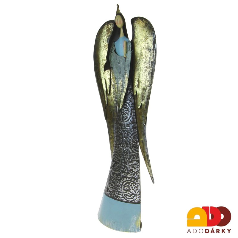 Plechový anděl zeleno-zlato-stříbrno-modrý 54 cm