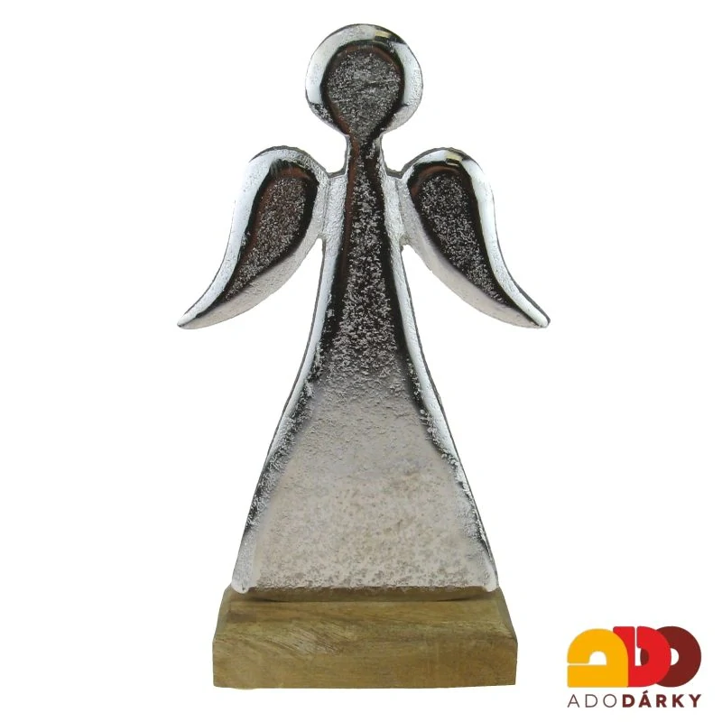 Kovový anděl stříbrný na podstavci 22,5 cm