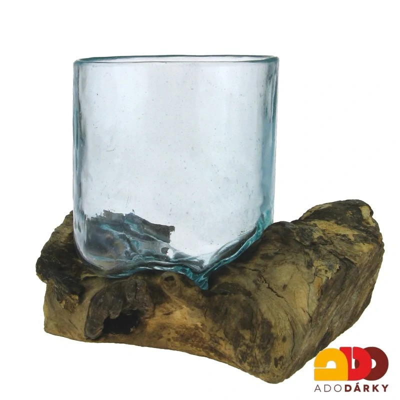 Skleněná váza v "dřevěném samorostu" 21 cm