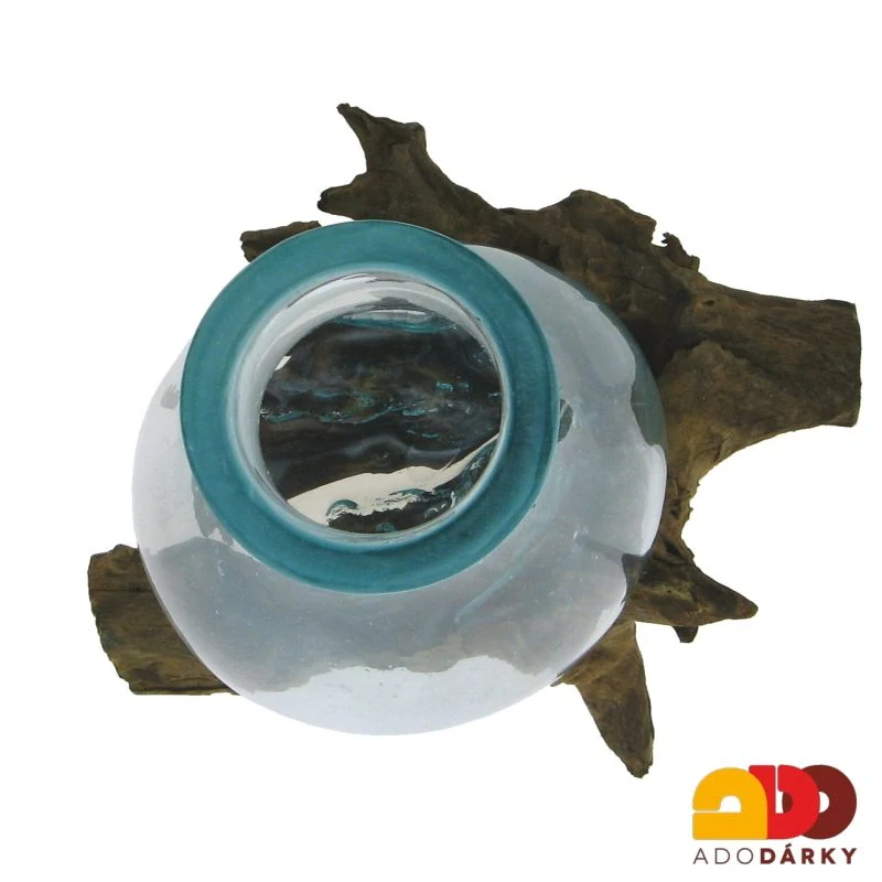 Skleněná váza v "dřevěném samorostu" 29 cm