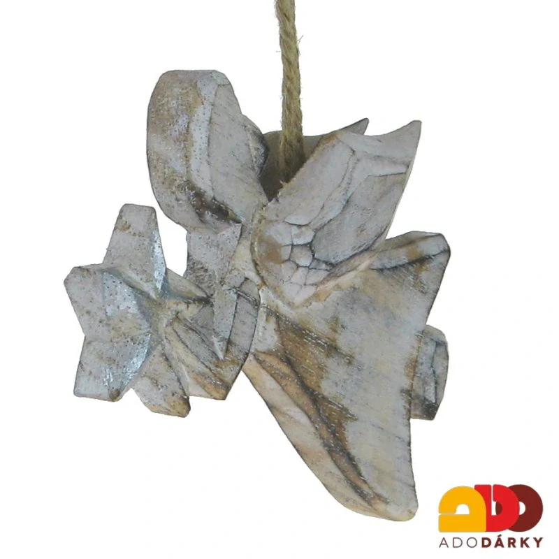 Anděl dřevěný s hvězdou - závěs 14 cm