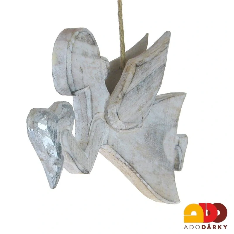 Anděl dřevěný se srdcem - závěs 25 cm