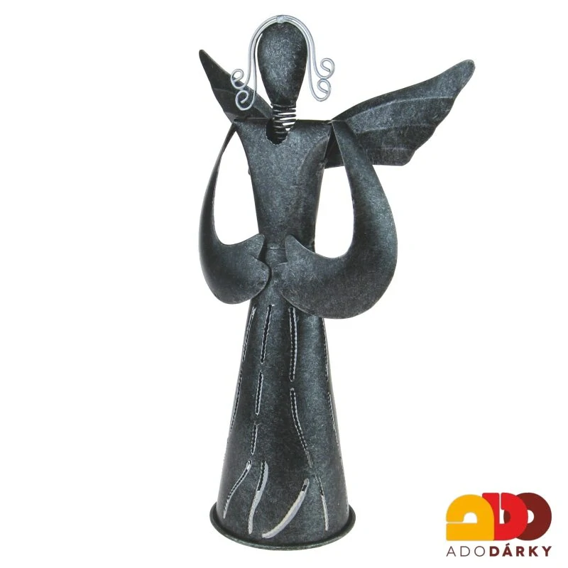 Kovový anděl s děrovanými šaty stříbrný 29,5 cm