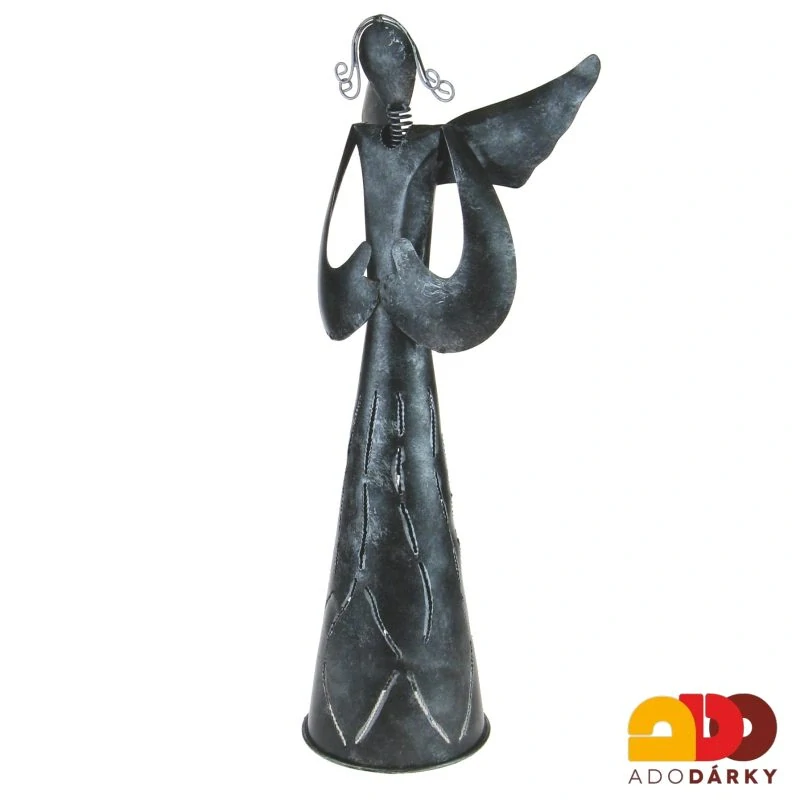 Kovový anděl s děrovanými šaty stříbrný 42,5 cm