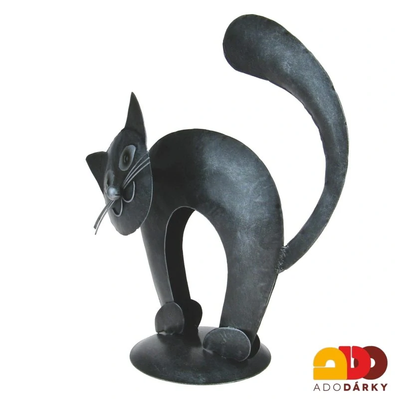 Velká kočka přikrčená černá se stříbrnými fousky 29 cm