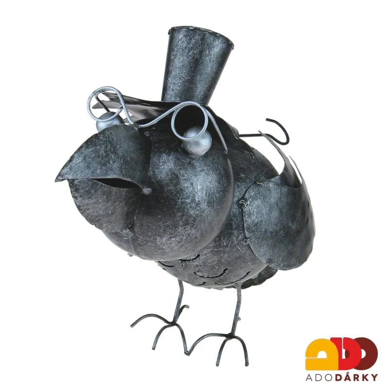 Kovový pták s brýlemi a kloboukem - svícen 27 cm