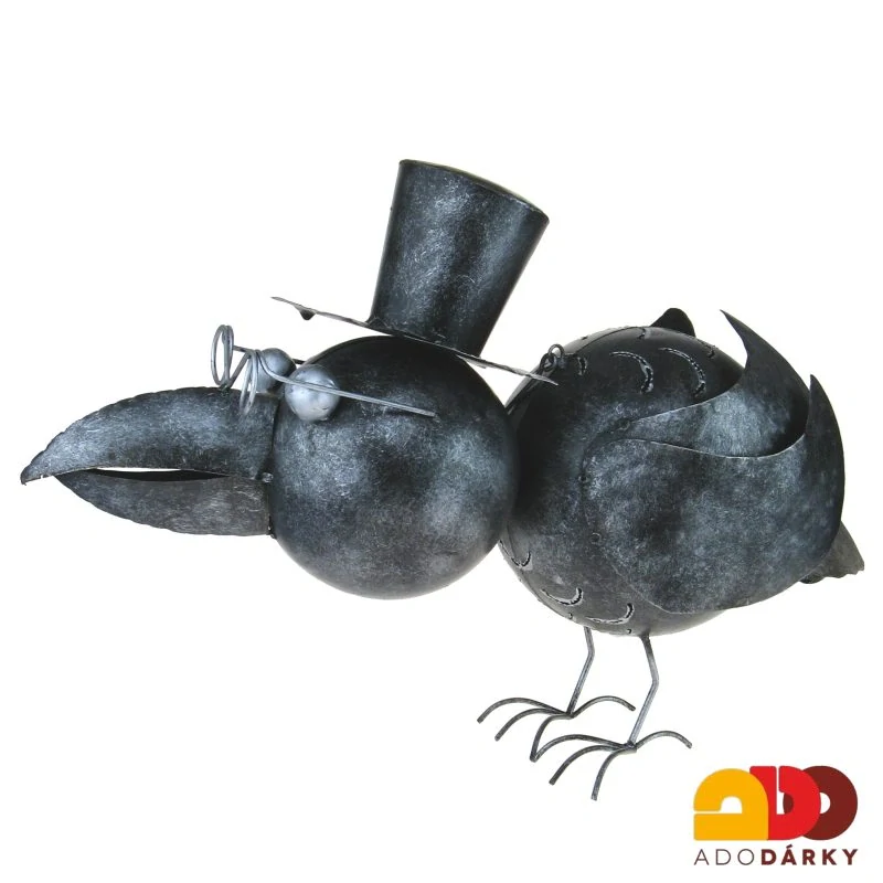 Kovový pták s brýlemi a kloboukem - svícen 48 cm