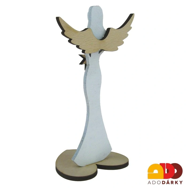 Anděl ze dřeva s hvězdou, bílý s přírodními křídly 16,5 cm
