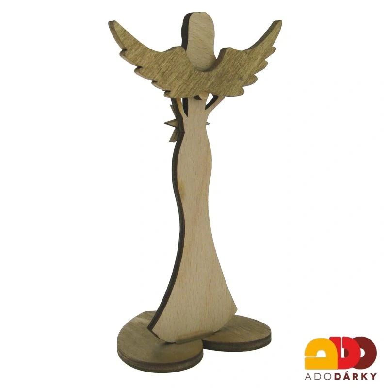 Anděl ze dřeva s hvězdou, přírodní se zlatými křídly 16,5 cm