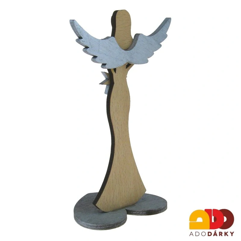 Anděl ze dřeva s hvězdou, přírodní se stříbrnými křídly 16,5 cm