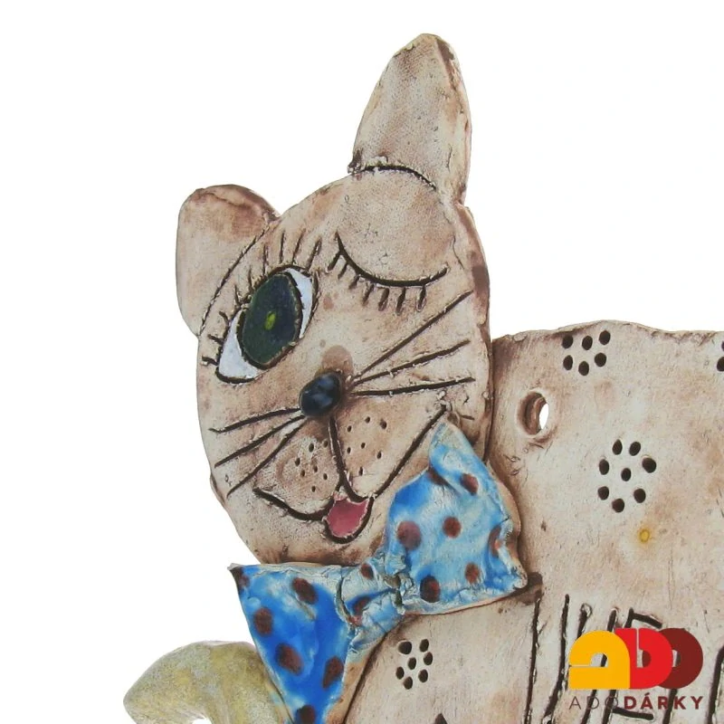 Keramická kočka WELCOME s modrým motýlkem a motýlky 28 cm