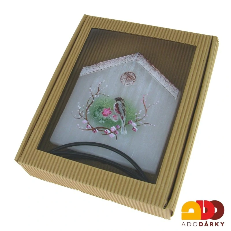 Svíčka domeček "Ptáček s květy" + kovový stojánek