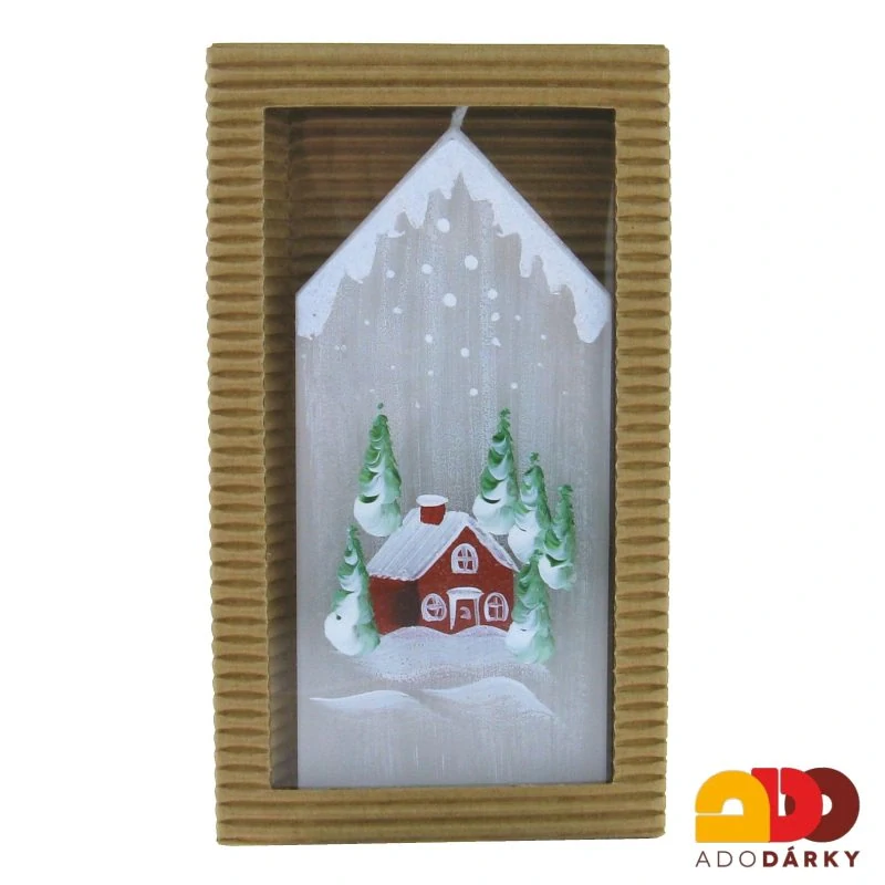 Ručně malovaná svíčka Domeček se zimní krajinou 14 cm