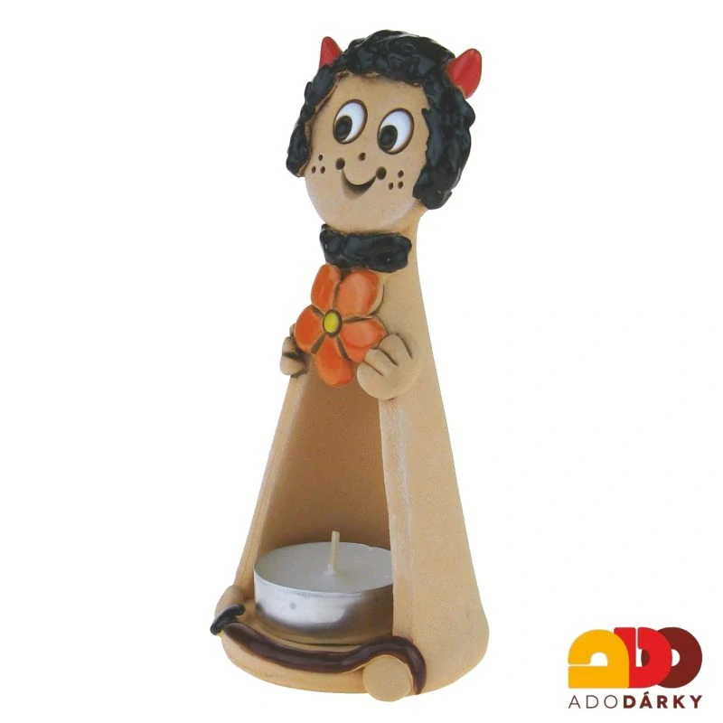 Svícen čert s oranžovým květem 16 cm