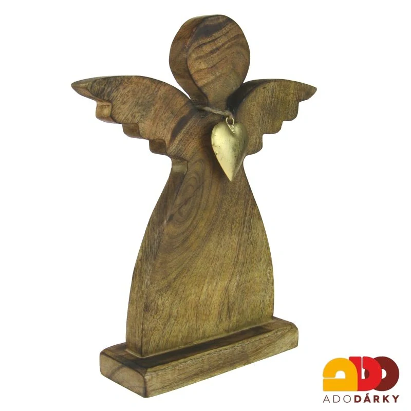 Dřevěný anděl se zlatým srdcem kolem krku 30,5 cm