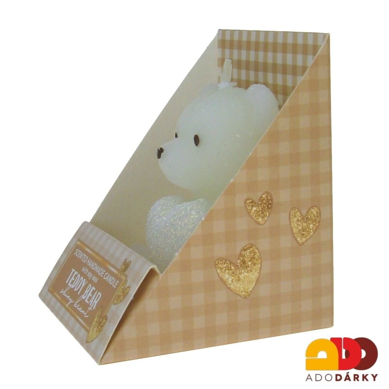Svíčka medvídek bílý se srdcem v krabičcce 7,5 x 7 x 8,5 cm
