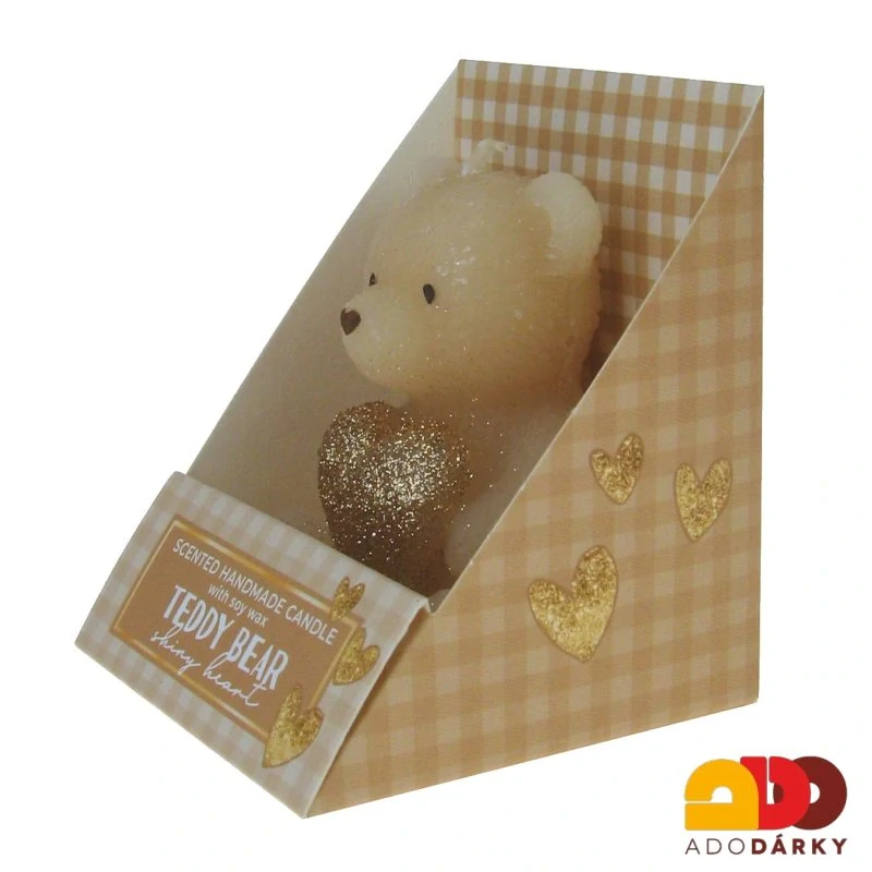 Svíčka medvídek tmavě hnědý se srdcem v krabičcce 7,5 x 7 x 8,5 cm
