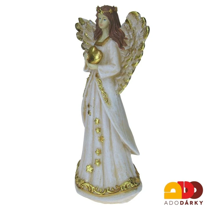 Béžový anděl se zlatými křídly se srdcem 29,5 cm