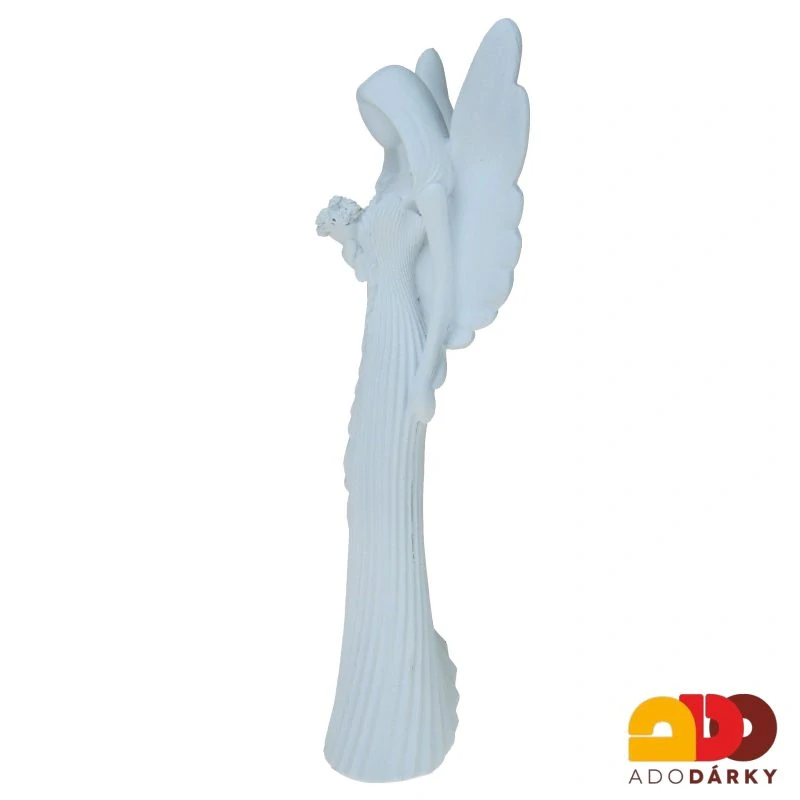 Anděl bílý s kyticí květů ve vroubkovaných šatech 41,5 cm