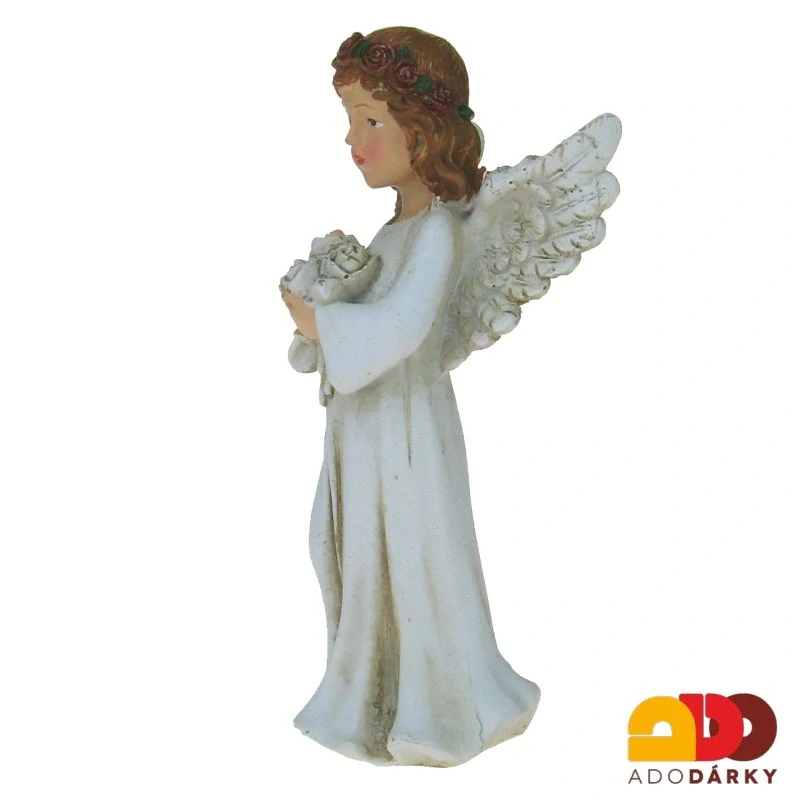 Anděl s hnědými vlasy s kyticí květů 12,5 cm