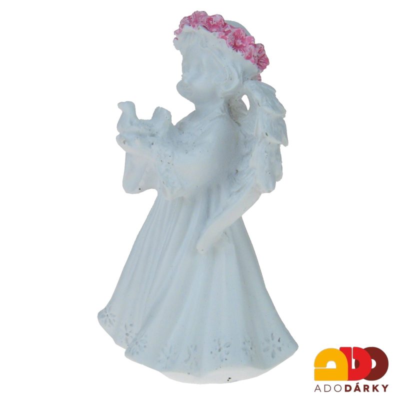 Anděl bílý s růžovou čelenkou s ptáčkem 11 cm