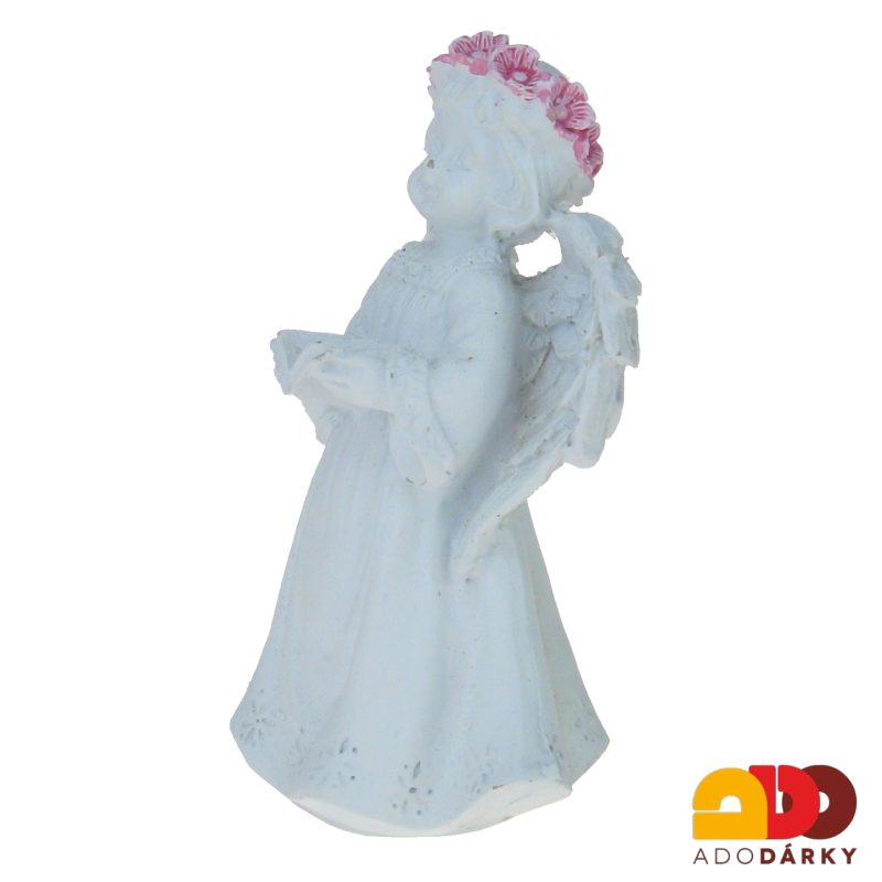 Anděl bílý s růžovou čelenkou s knihou 11 cm