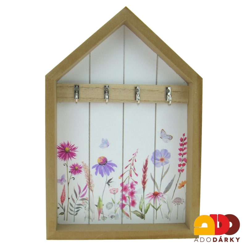 Domeček s věšáčky na klíče s květinami 30 x 20 cm