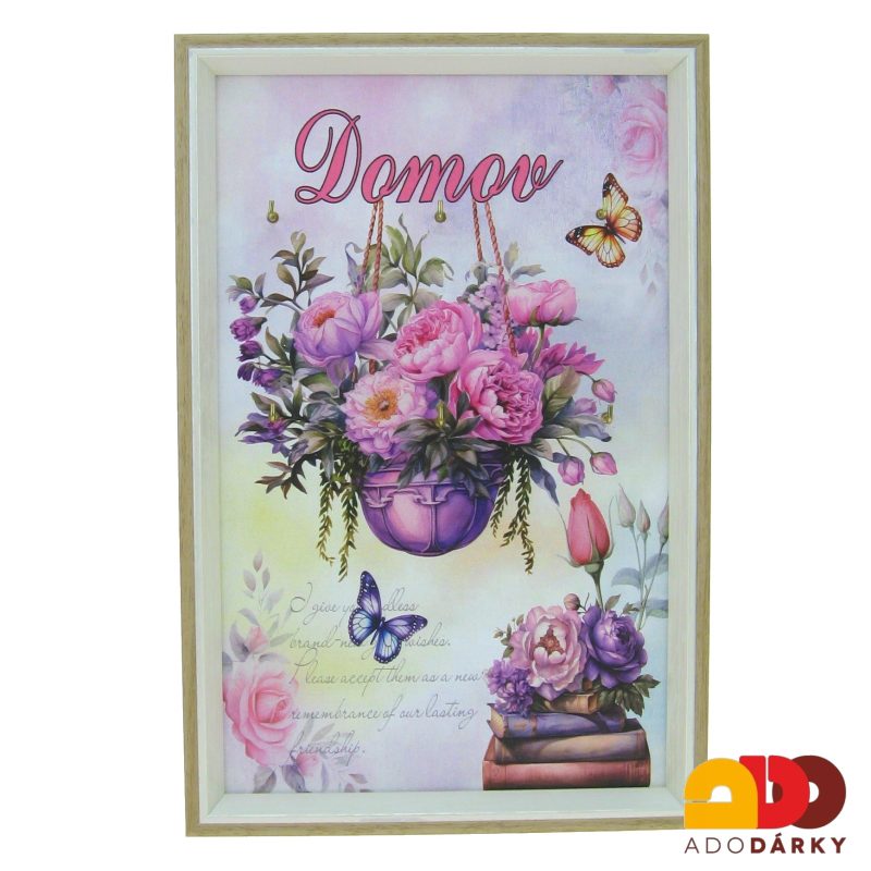 Obraz s věšáčky na klíče s pivoňkami a nápisem "Domov" 29,5 x 19,5 cm