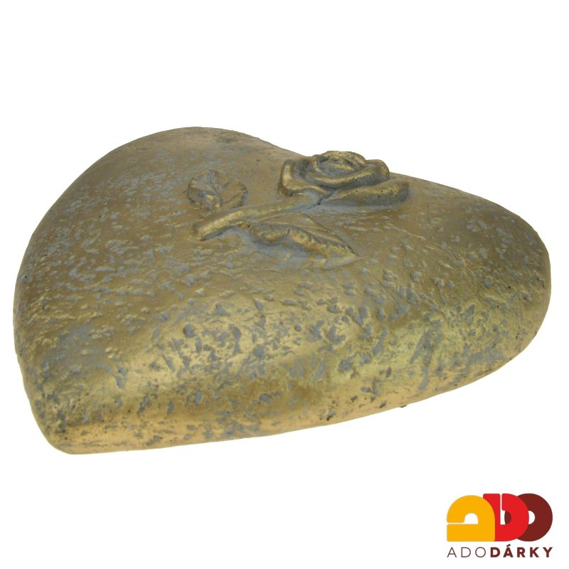 Zlaté betonové srdce s květem 18 cm