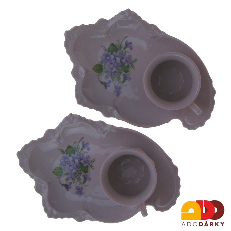 Snídaňová sada 2 hrnků s podšálkem růžový porcelán fialky 120 ml