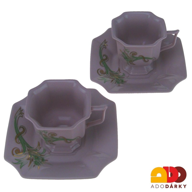 Sada kávových šálků s podšálky růžový porcelán zelený roh hojnosti 120 ml
