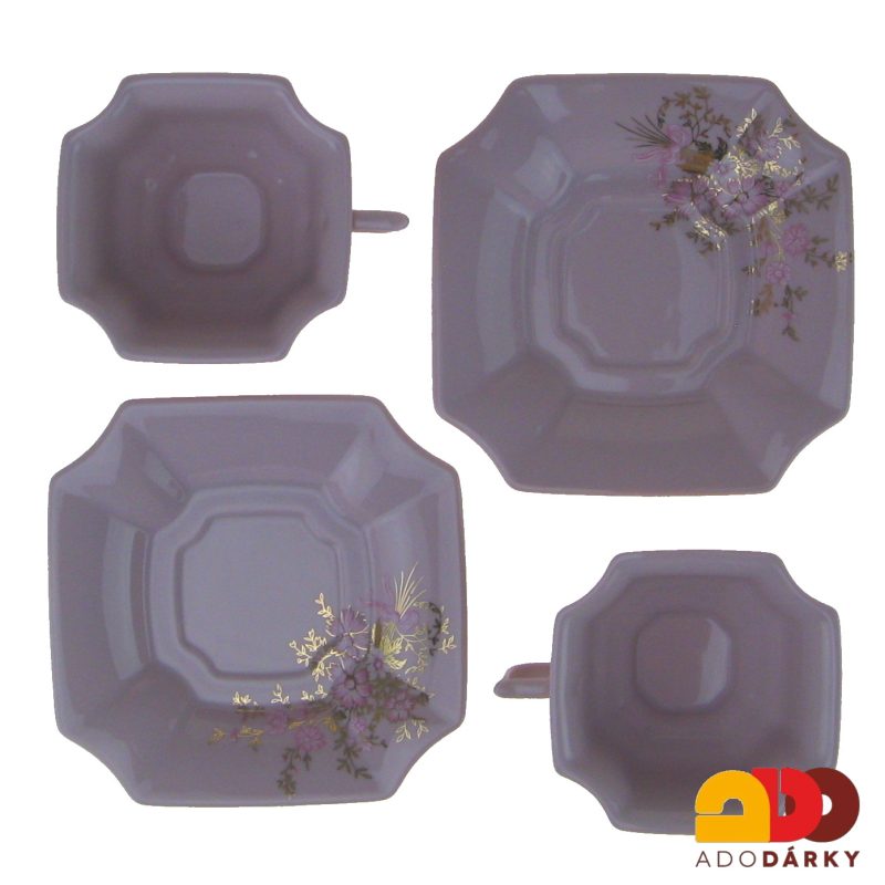 Sada čajových šálků s podšálky růžový porcelán - růžovozlaté květy 150 ml