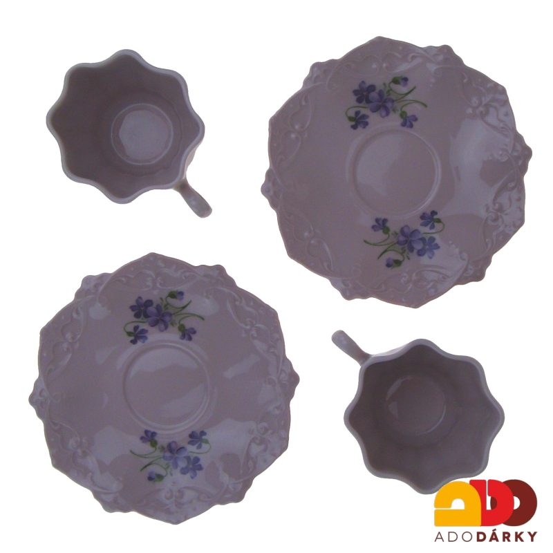 Sada šálků s podšálky růžový porcelán fialky 200 ml