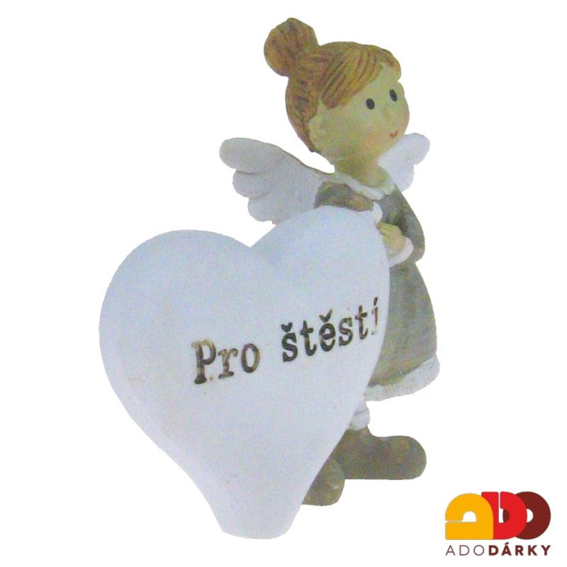 Anděl holčička s velkým srdcem "Pro štěstí" pravá var. 7,5 cm
