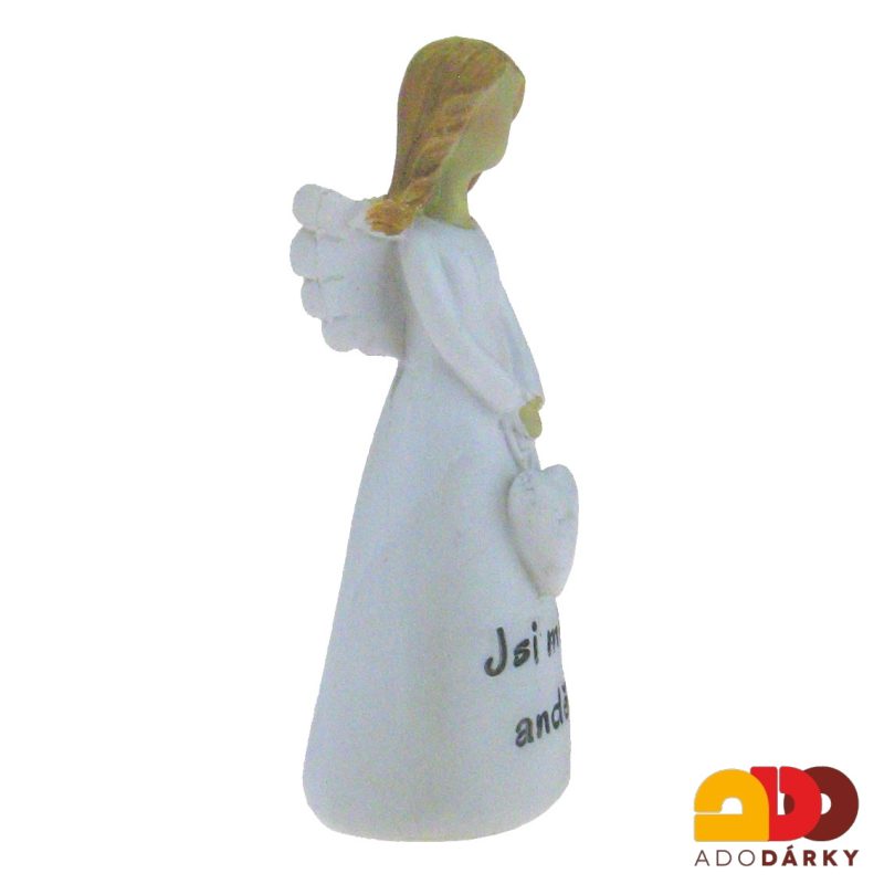 Bílý "Jsi můj anděl" s visícím srdcem 10 cm