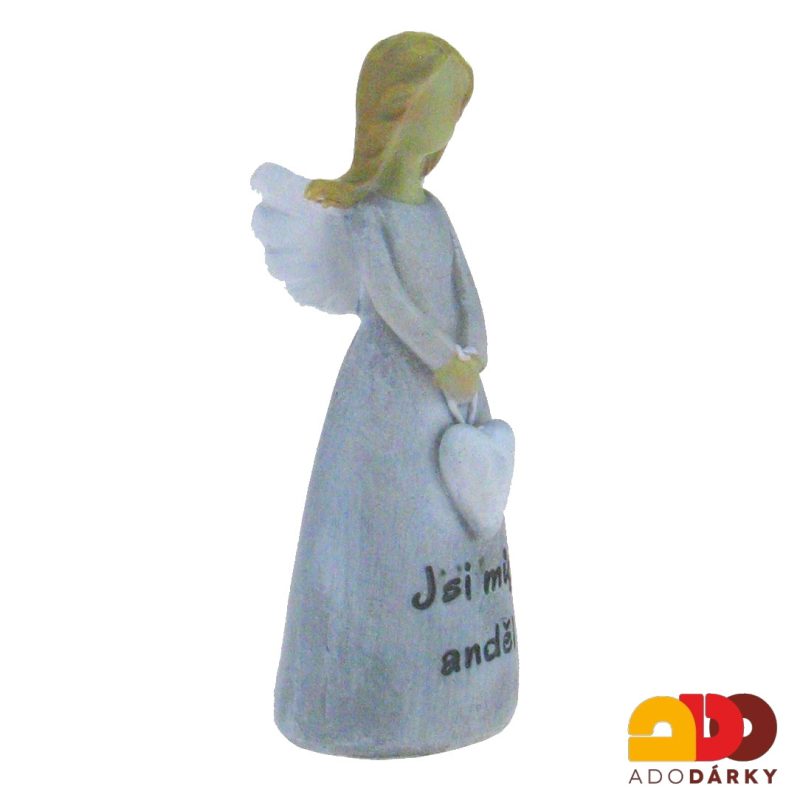 Šedý "Jsi můj anděl" s visícím srdcem 10 cm