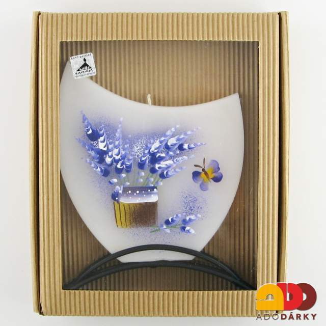 Svíčka 1 knot levandule 19 cm + kovový stojánek