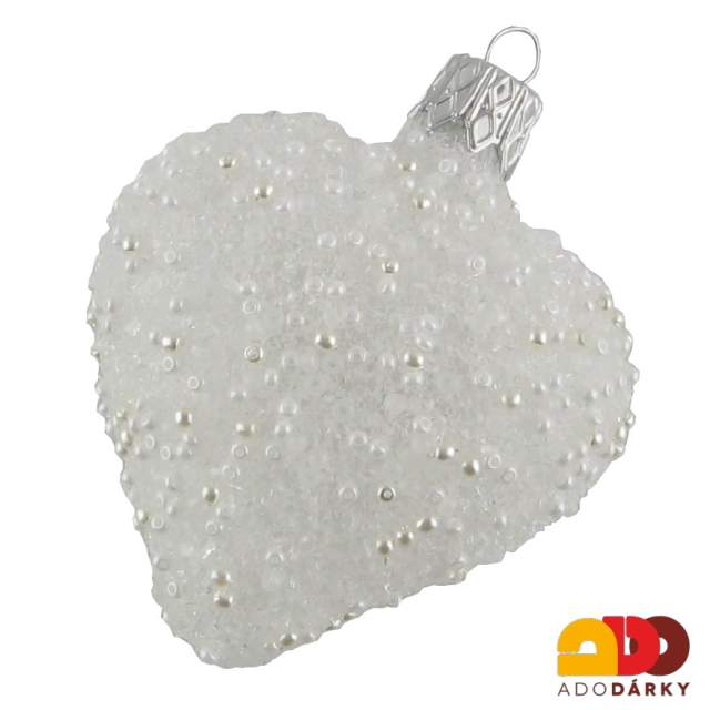Srdíčko z foukaného skla - bílé se třpytkami 7 cm
