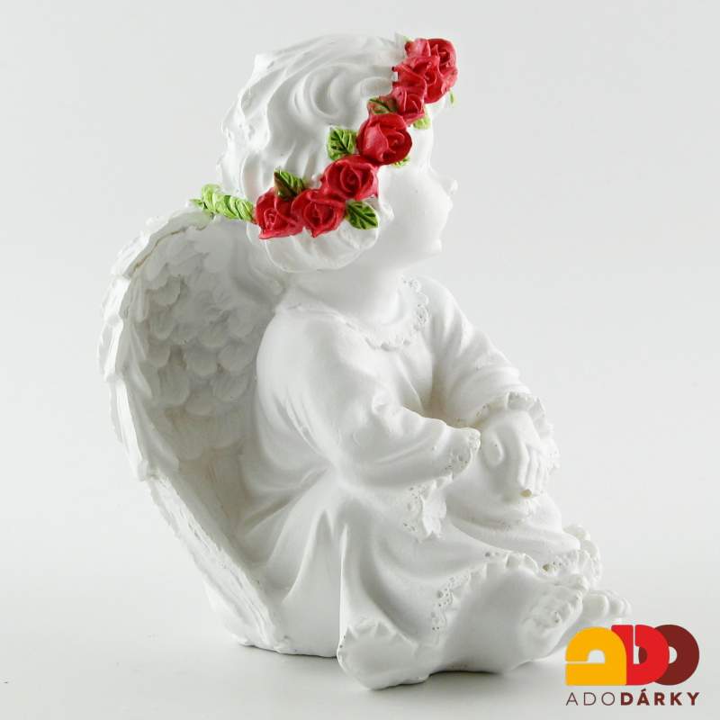 Anděl sedící s červenou čelenkou 12,5 cm