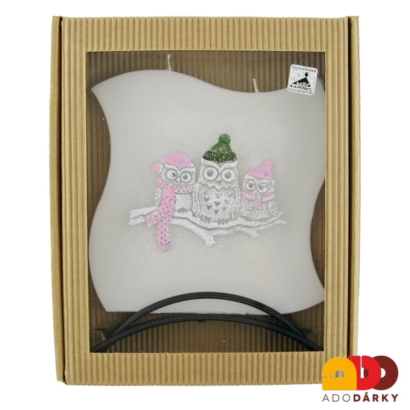 Svíčka vánoční sovy 2 knoty + kovový stojánek